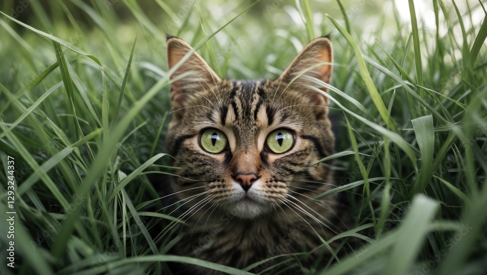 Cat peeking through tall grass with vibrant green eyes in a natural outdoor setting showcasing curiosity and playfulness. Cat peeking through tall grass with vibrant green eyes in a natural outdoor setting showcasing curiosity and playfulness.