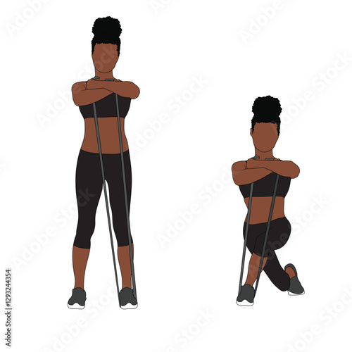 A Black African woman in black clothing doing curtsy lunges with resistance bands exercise. Flat vector illustration isolated on white background	