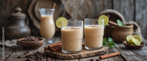 Traditional Horchata Beverage With Lime Garnish On Rustic Wooden Table Surrounded By Coffee Beans And Cinnamon Sticks photo