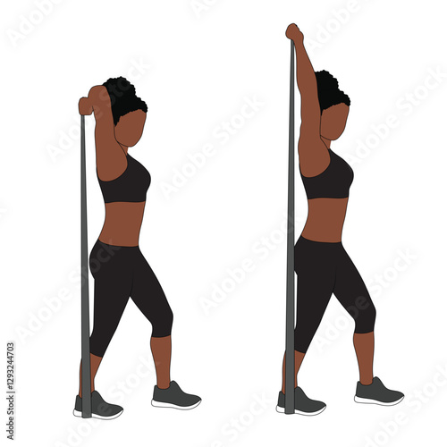 A Black African woman in black clothing doing skull crashers with resistance bands exercise. Flat vector illustration isolated on white background	