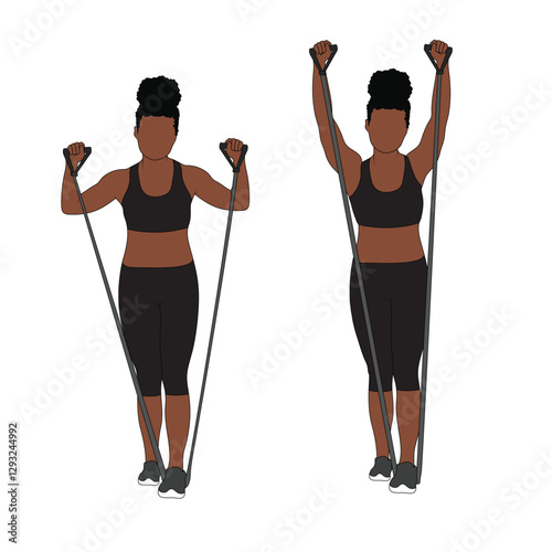A Black African woman in black clothing doing shoulder press with resistance bands exercise. Flat vector illustration isolated on white background	