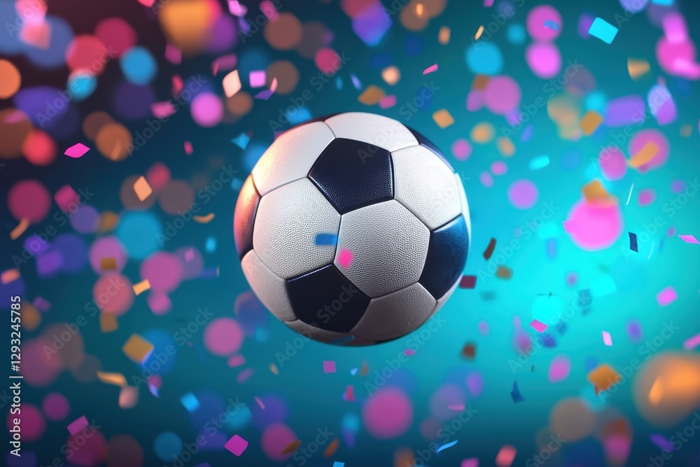 Naklejka premium Soccer Ball Surrounded by Colorful Confetti in a Celebration Atmosphere
