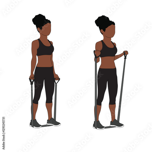 A Black African woman in black clothing doing bicep curls with resistance bands exercise. Flat vector illustration isolated on white background	