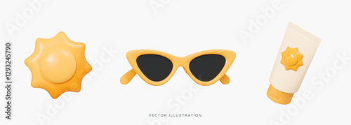 3D Summer vacation icon set. Travel to beach. Yellow sunglasses, sun and sunscreen cosmetic. SPF cream. Holidays at sea. Cartoon design icons isolated on white background. 3D Vector illustration