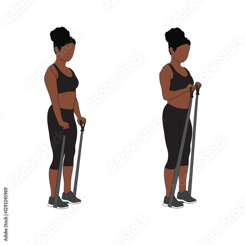 A Black African woman in black clothing doing reverse bicep curls with resistance bands exercise. Flat vector illustration isolated on white background	