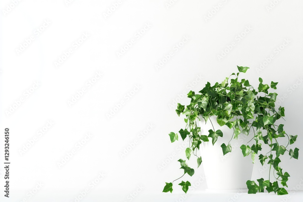 A photorealistic 3D illustration of a hanging ivy plant spilling over a white ceramic pot, isolated on white. A photorealistic 3D illustration of a hanging ivy plant spilling over a white ceramic pot, isolated on white.