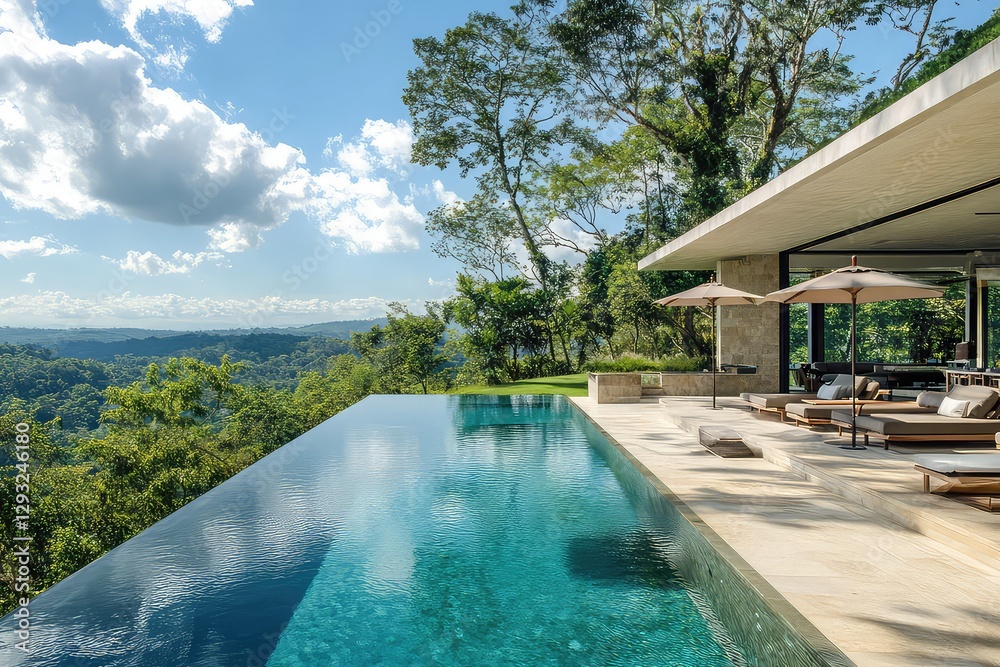 Fototapeta premium A luxurious modern mansion with a breathtaking infinity pool, outdoor lounge, and lush greenery creating a serene ambiance.