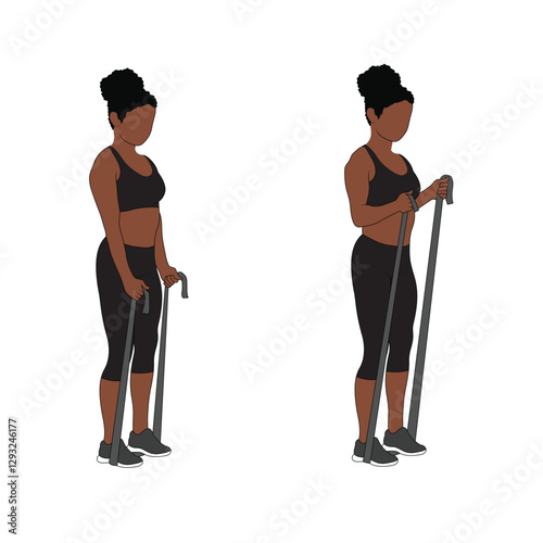 A Black African woman in black clothing doing hammer curls with resistance bands exercise. Flat vector illustration isolated on white background	