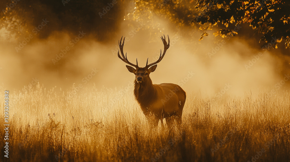 Obraz premium Majestic stag standing on a misty mountain slope at dawn, surrounded by fog and autumn foliage, creating an atmospheric wildlife scene in the wilderness