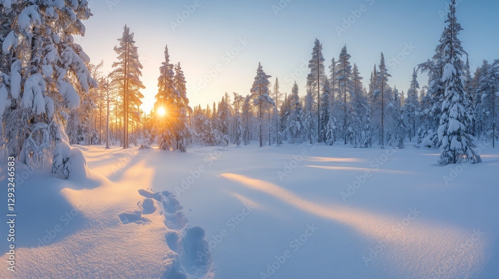 Fototapeta premium Snowy Lapland sunset with frozen trees, serene winter beauty in Saariselka.