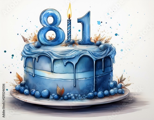 Illustration of decorated blue cake for birthday or anniversary party. Number 81, eighty-first birthday celebration photo