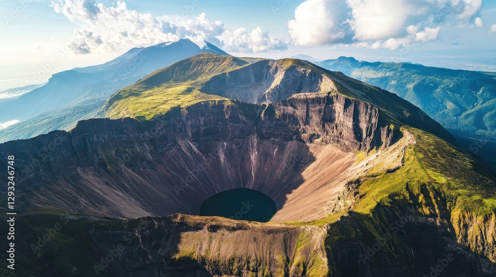 Fototapeta premium Majestic Aerial View of Volcanic Crater Surrounded by Lush Landscape