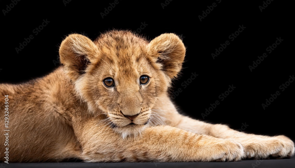 Isolated Black Panorama Majestic Lion Cub Resting Amidst the Savannah Twilight, Portraying a Peaceful Serenity in the African Plains. Isolated Black Panorama Majestic Lion Cub Resting Amidst the Savannah Twilight, Portraying a Peaceful Serenity in the African Plains.