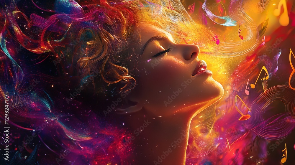 A woman surrendering to a vibrant symphony of colors and swirling notes, bathed in warm, ethereal light and surrounded by a cosmic dance of energy. A woman surrendering to a vibrant symphony of colors and swirling notes, bathed in warm, ethereal light and surrounded by a cosmic dance of energy.
