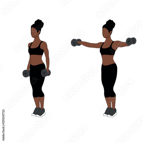 A Black African woman in black clothing doing lateral shoulder raises with dumbbells exercise. Flat vector illustration isolated on white background	