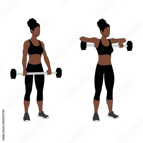A Black African woman in black clothing doing upright rows with barbell exercise. Flat vector illustration isolated on white background	