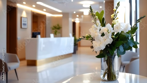 Fototapeta Naklejka Na Ścianę i Meble -  A modern reception area featuring a vase of white flowers on a table, with a sleek counter and contemporary decor in the background. Concept Modern Reception Design, White Floral Arrangements