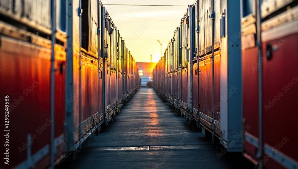 Obraz premium Sunset illuminates rows of cargo containers at dusk, creating a dramatic and vibrant scene, showcasing industrial transportation.