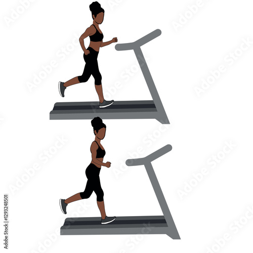 A Black African woman in black clothing running on treadmill exercise. Flat vector illustration isolated on white background	