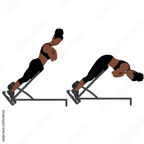 A Black African woman in black clothing doing back extensions. Flat vector illustration isolated on white background	