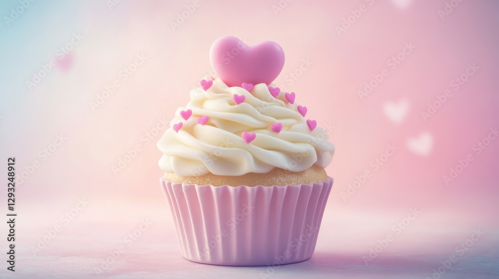 Romantic Cupcake with Heart Decoration and Whipped Frosting