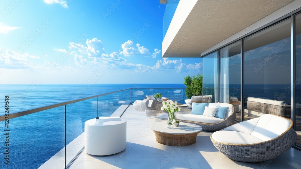 Obraz premium Modern luxury apartment balcony with stunning ocean views, perfect for relaxation and outdoor living.