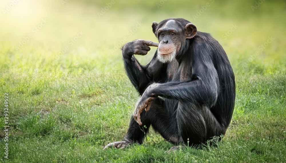Playful Chimpanzee in Lush Green Meadow, Humorous Gesture Invites Interaction with Warm Smile and Expressive Eyes. Playful Chimpanzee in Lush Green Meadow, Humorous Gesture Invites Interaction with Warm Smile and Expressive Eyes.