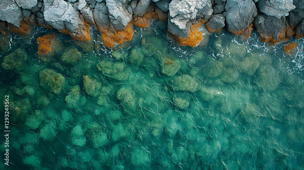 A highly detailed drone photography capturing the textures of a rocky shore, with moss-covered stones submerged in shallow, glistening water and the patterns created by the ebb and flow of the waves.