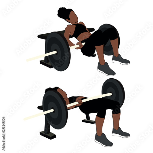 A Black African woman in black clothing doing barbell hip thrusts exercise. Flat vector illustration isolated on white background.