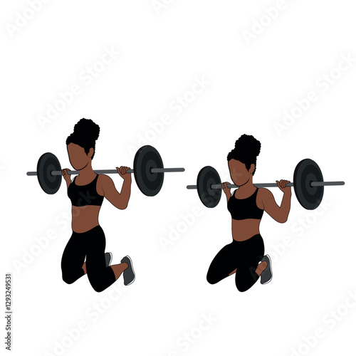 A Black African woman in black clothing doing kneeling squats exercise. Flat vector illustration isolated on white background.