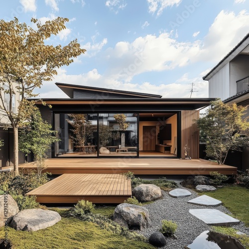 Modern elegant Japanese style home and outdoor garden design photo