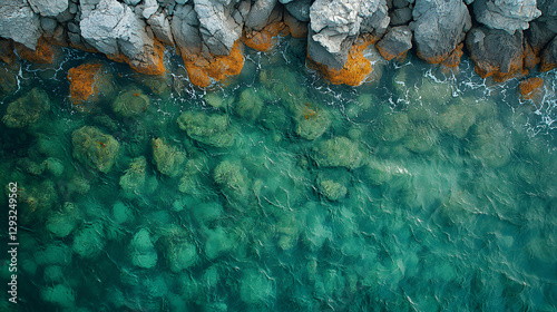 Obraz na płótnie A highly detailed drone photography capturing the textures of a rocky shore, with moss-covered stones submerged in shallow, glistening water and the patterns created by the ebb and flow of the waves. w salonie