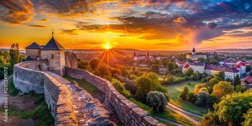 Panoramic Uzhgorod Castle View: Bokeh Sunset over Zakarpattya, Ukraine photo