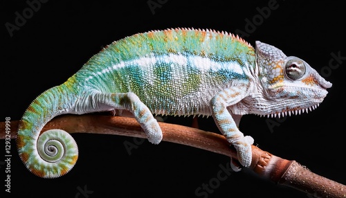 Striking Portrait of an Adult Male Ambilobe Panther Chameleon in Vibrant Greens, Showcasing Majestic Spirits and Intricate Scales, Amidst Exotic Rainforest Backdrop photo