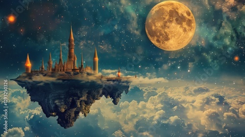 A dreamlike surreal landscape featuring floating islands and a giant glowing moon. for fantasy projects.