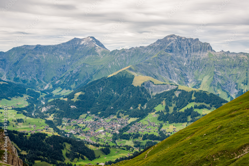 Summer panoramic view of Adelboden and the surrounding mountains, Swiss Alps, Switzerland, Europe. Summer panoramic view of Adelboden and the surrounding mountains, Swiss Alps, Switzerland, Europe.