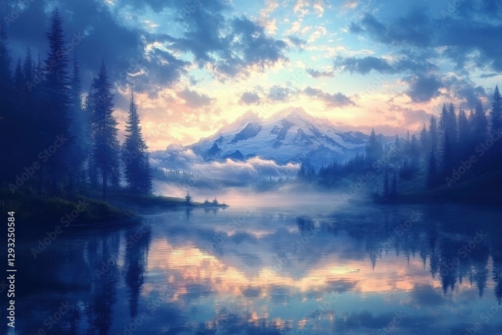 Fototapeta premium Mt Rainier Reflections in Beautiful Blue Calm Waters at Dawn