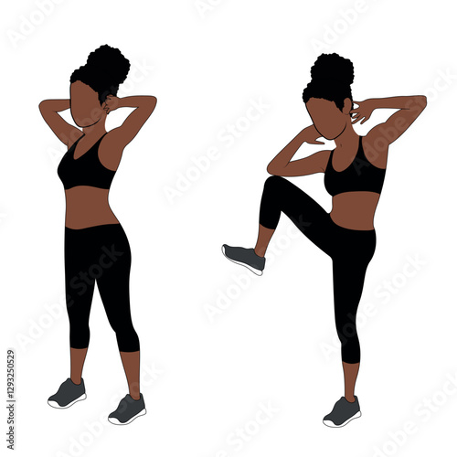 A Black African woman in black clothing doing standing oblique crunches exercise. Flat vector illustration isolated on white background.