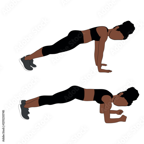 A Black African woman in black clothing doing elbow to hands plank exercise. Flat vector illustration isolated on white background.