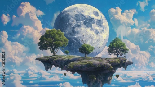 A dreamlike surreal landscape featuring floating islands and a giant glowing moon. for fantasy projects.