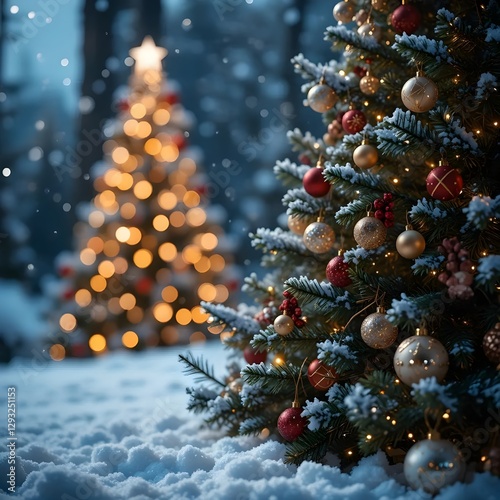 Christmas Holiday background with snow, fir tree and decorations with chris tmas light behind
