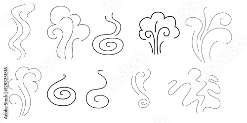 Steam and smoke lines icons set. Air wind and scent linear collection, heat waves or aroma from cooking food and hot coffee, gas and fumes. Steam swirls icons of doodle style vector illustration