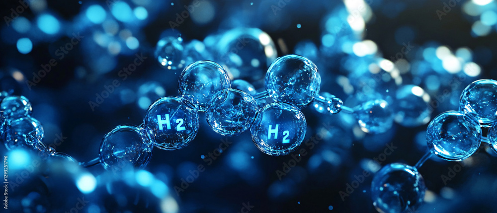 An abstract depiction of hydrogen molecules, showcasing blue bubbles with H2 inscriptions, representing molecular structures in a vibrant, scientific environment. An abstract depiction of hydrogen molecules, showcasing blue bubbles with H2 inscriptions, representing molecular structures in a vibrant, scientific environment.