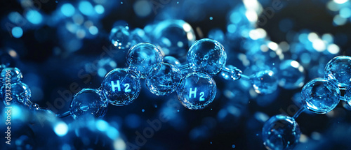 An abstract depiction of hydrogen molecules, showcasing blue bubbles with H2 inscriptions, representing molecular structures in a vibrant, scientific environment.
