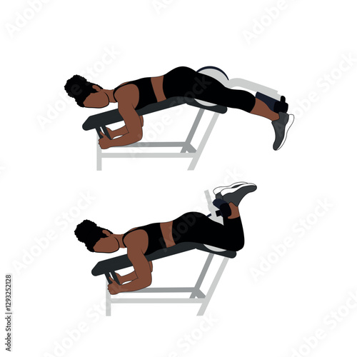 A Black African woman in black clothing doing leg curls exercise. Flat vector illustration isolated on white background.