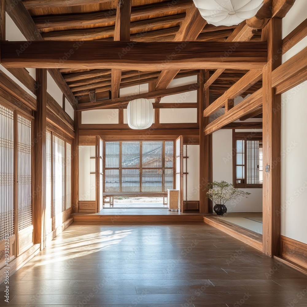 Fototapeta premium A wooden interior scene of a traditional Japanese home