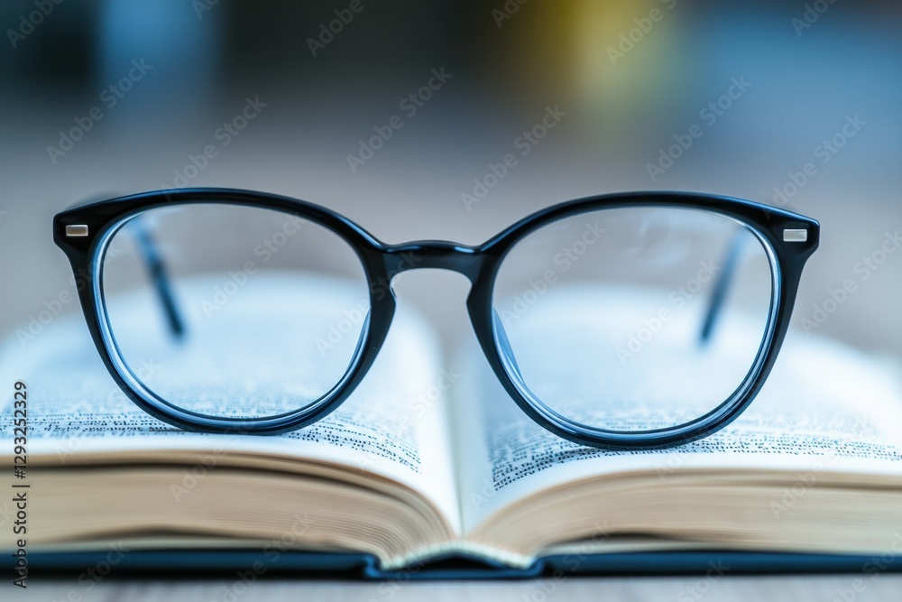 Closeup of modern eyeglasses on open book cozy indoor setting high-quality photography intellectual environment focused viewpoint stylish design and functionality Closeup of modern eyeglasses on open book cozy indoor setting high-quality photography intellectual environment focused viewpoint stylish design and functionality