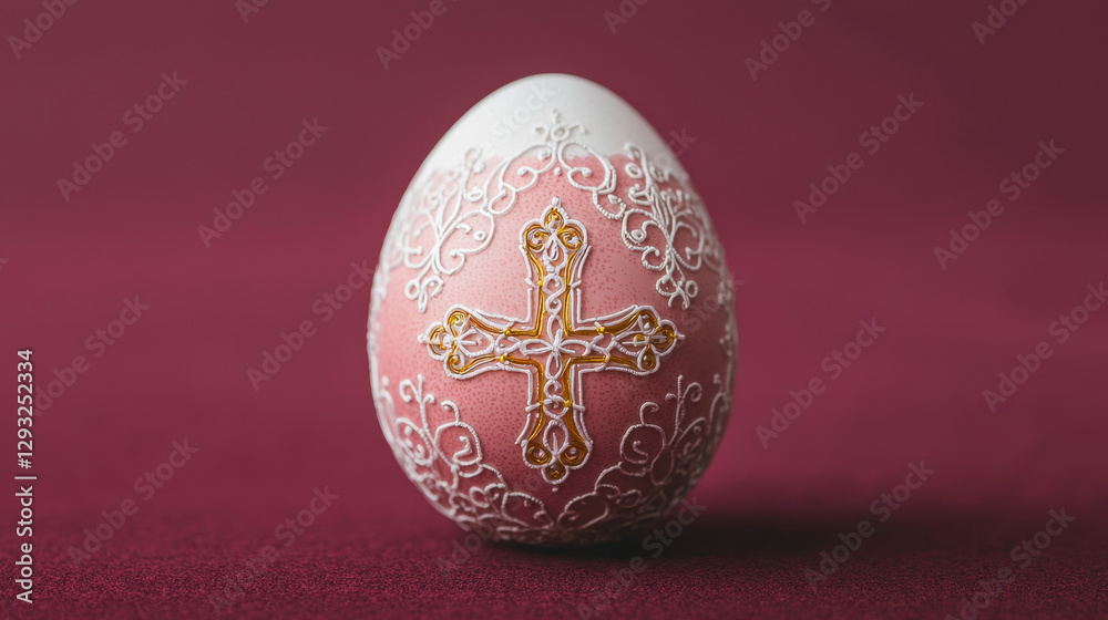 Ornate Easter egg with filigree and cross design on red background Ornate Easter egg with filigree and cross design on red background