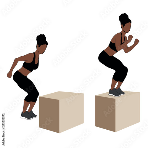 A Black African woman in black clothing doing box jumps exercise. Flat vector illustration isolated on white background	
