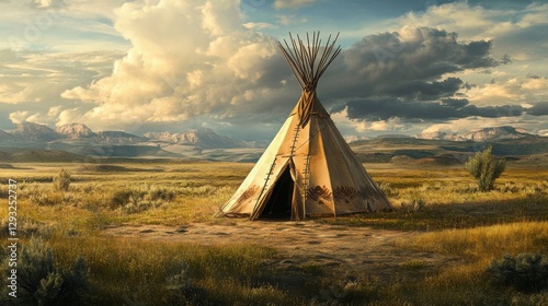 Native American Teepee. Tipi Camp in Old West Landscape, Amerindian Ethic Shelter